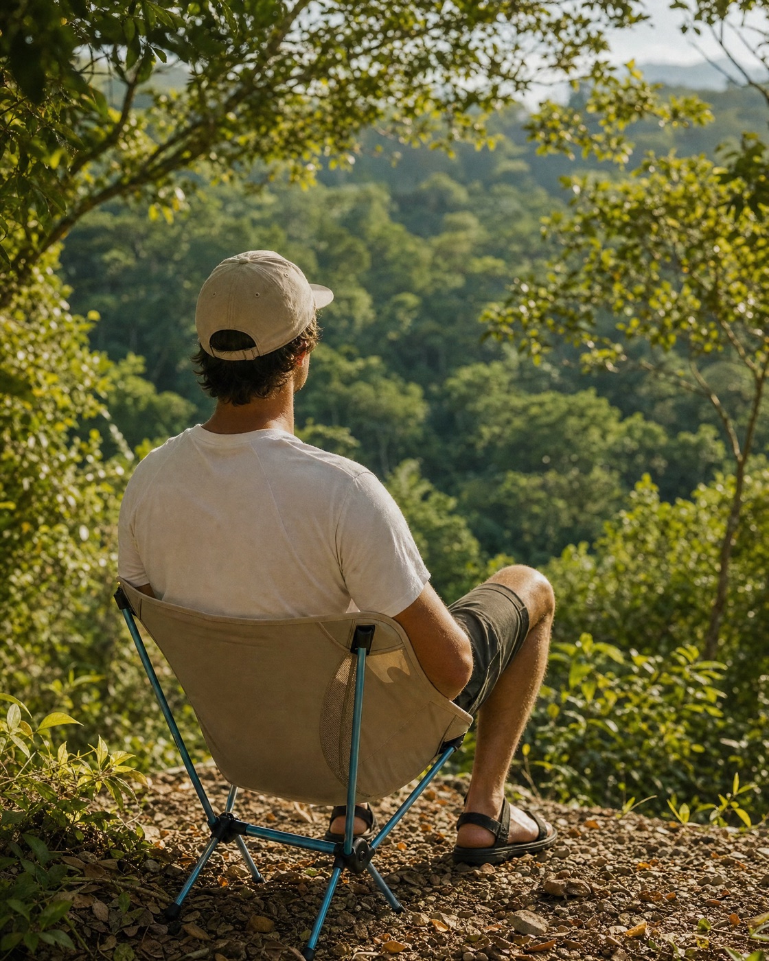 A man sitting in the Nimbo Chair looking over a jungle valley