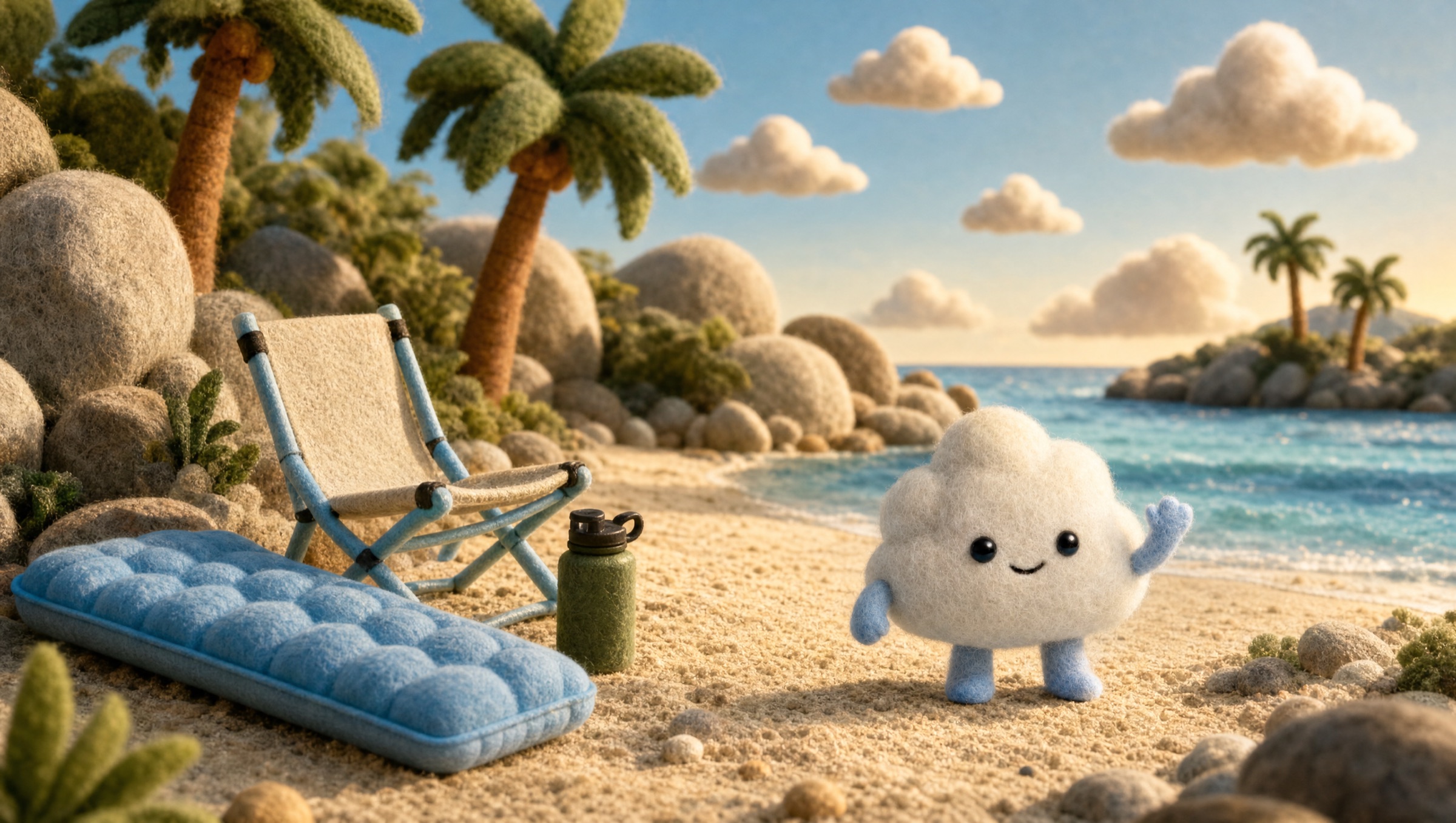 Nimbo, the cloud mascot, waving on a felt beach next to the Nimbo Pad and Chair
