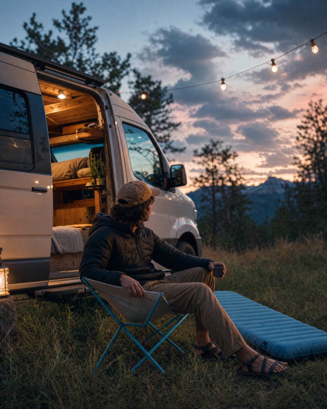 Evening at a campsite with the Nimbo Chair and the Nimbo Pad