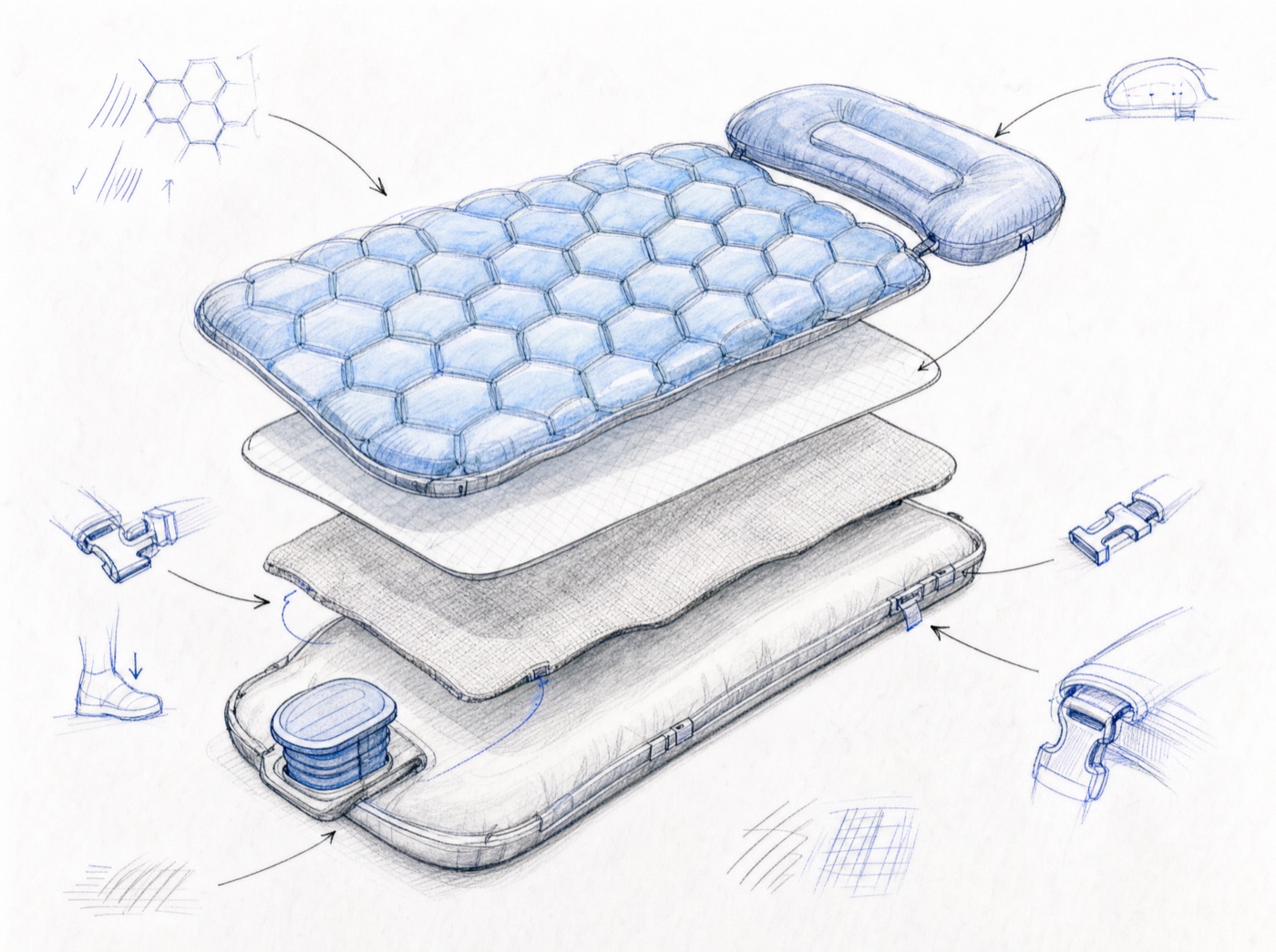 Hand drawn engineering sketch of the Nimbo Pad layers